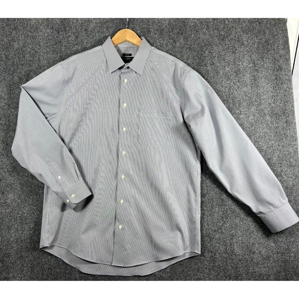 Pronto Uomo Mens 17.5 36/37 Tall Non-Iron Cotton Dress Shirt Blue White Pattern